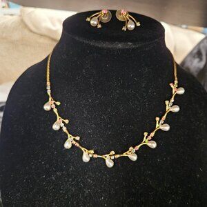 Necklace / Earring set, Gold tone with faux pearl and pink/blue/green gemstones